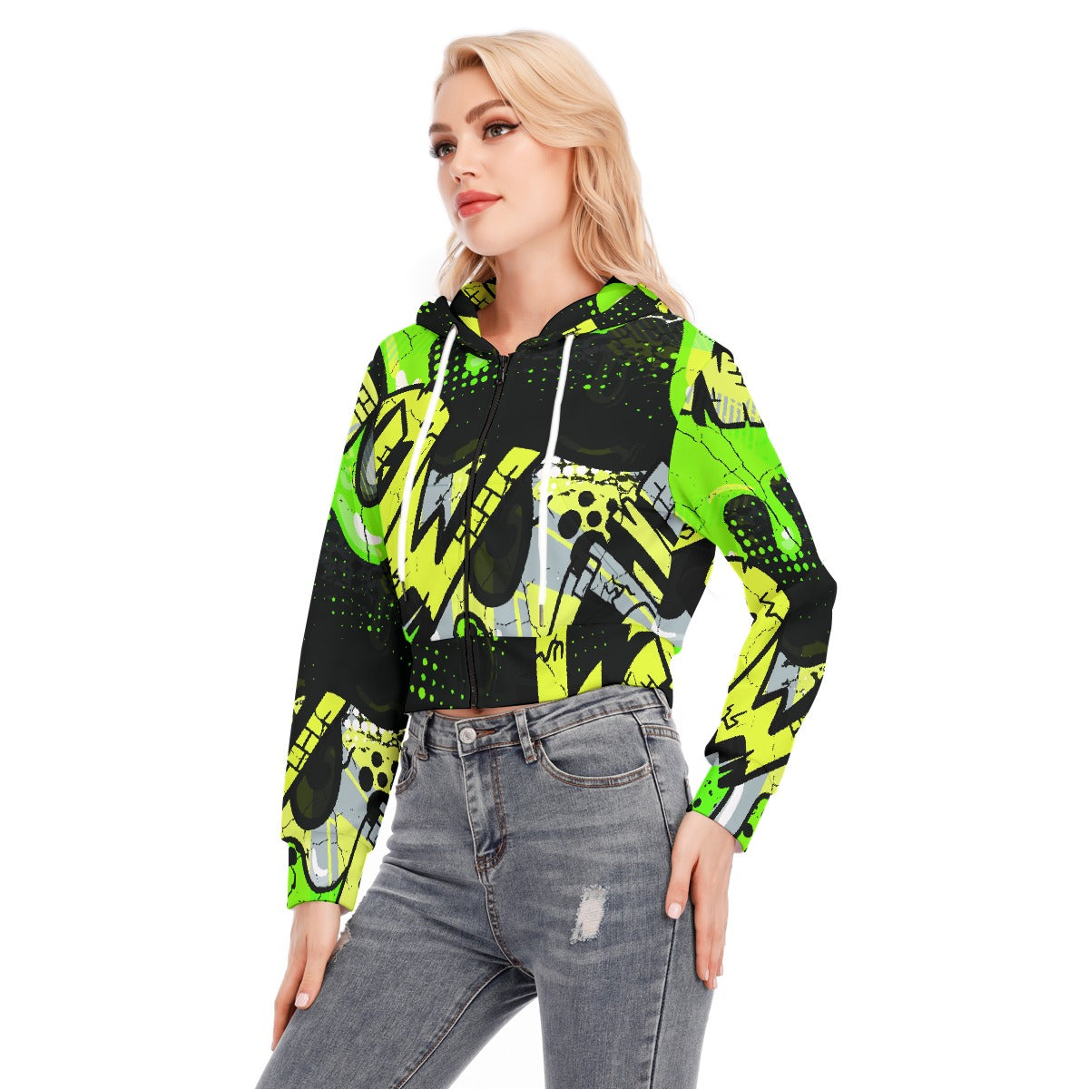 All-Over Print Women's Crop Top Hoodie With Zipper Closure
