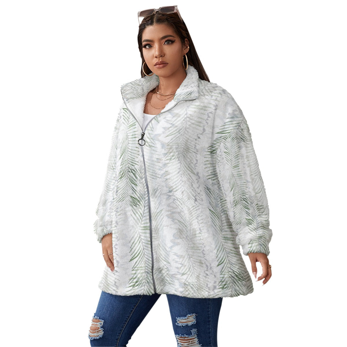 All-Over Print Unisex Borg Fleece Stand-up Collar Coat With Zipper Closure(Plus Size)