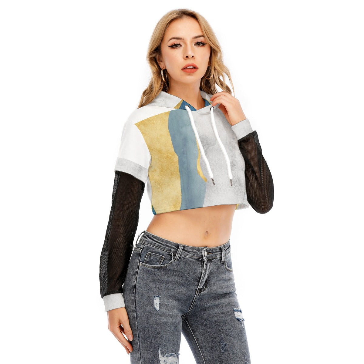 All-Over Print Women's Fake Two-piece Mesh Sleeve Cropped Hoodie