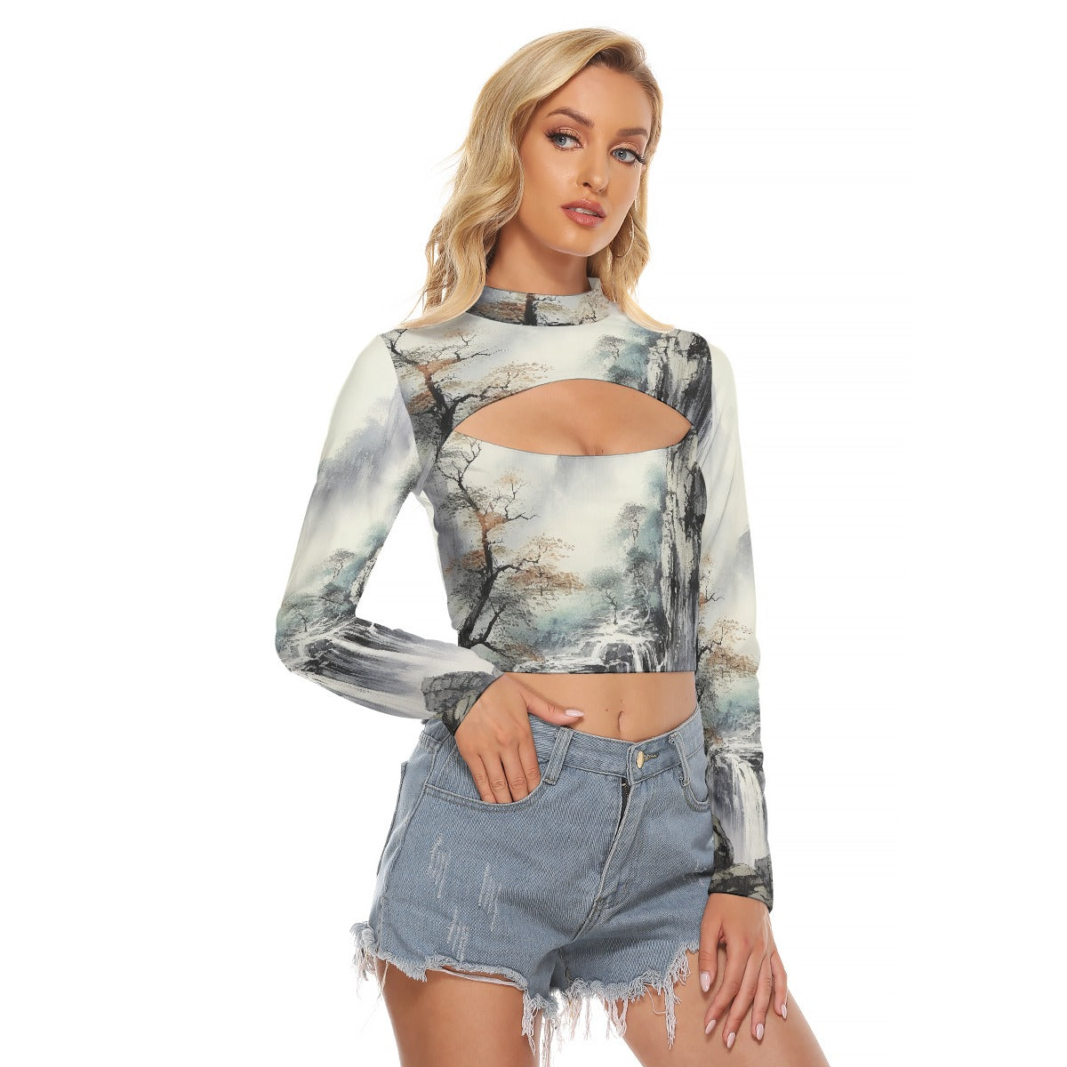 All-Over Print Women's Hollow Chest Keyhole Tight Crop Top
