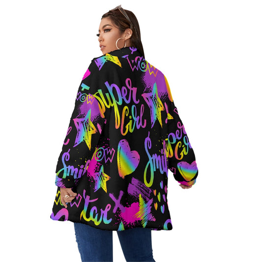 All-Over Print Unisex Borg Fleece Stand-up Collar Coat With Zipper Closure(Plus Size)