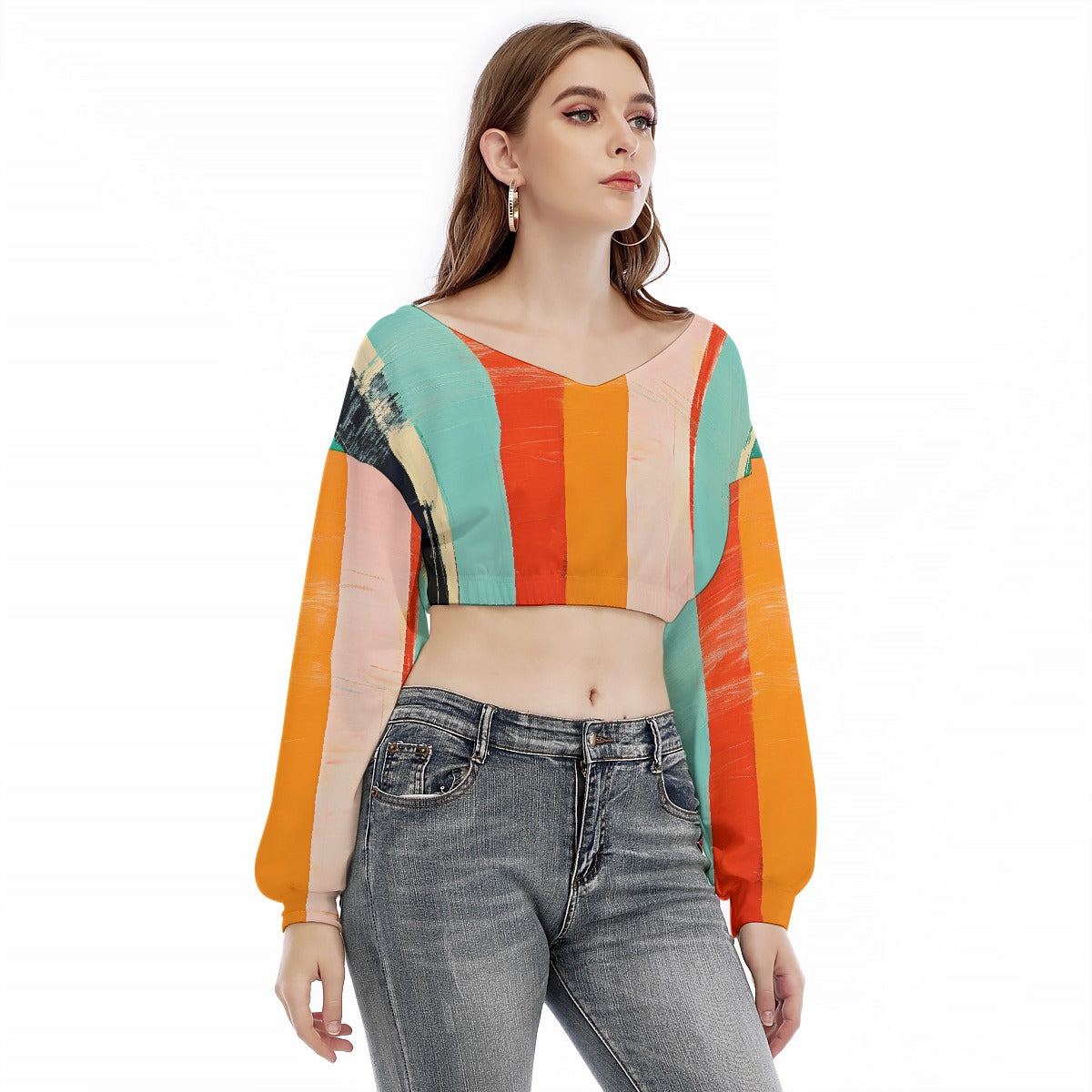 All-Over Print Women's V-neck Long Sleeve Cropped Sweatshirt