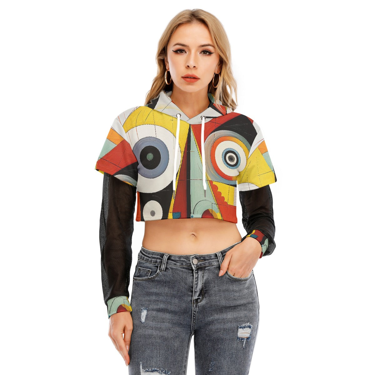 All-Over Print Women's Fake Two-piece Mesh Sleeve Cropped Hoodie