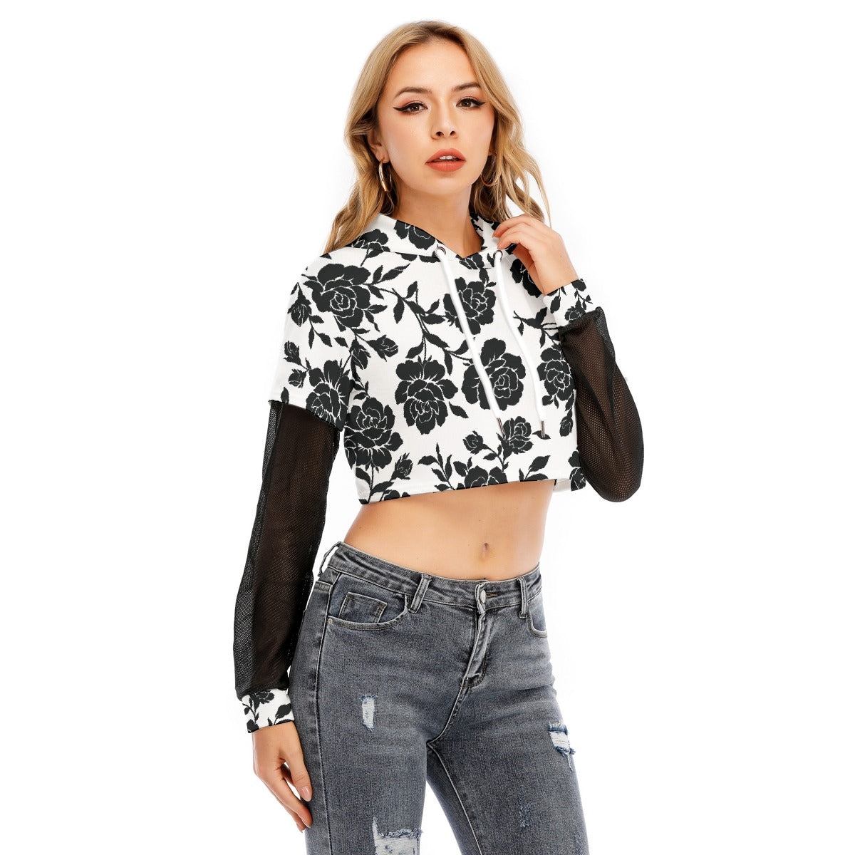 All-Over Print Women's Fake Two-piece Mesh Sleeve Cropped Hoodie