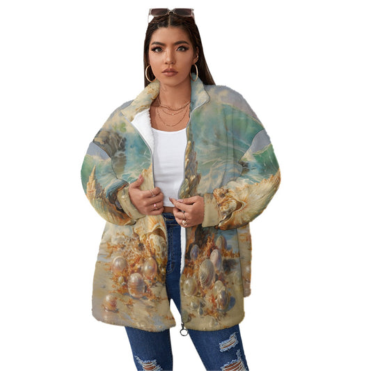 All-Over Print Unisex Borg Fleece Stand-up Collar Coat With Zipper Closure(Plus Size)