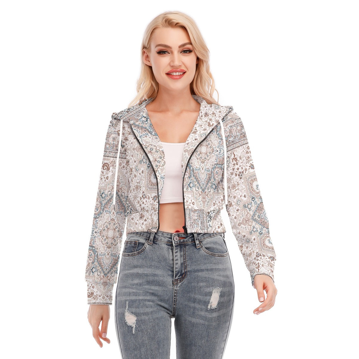 All-Over Print Women's Crop Top Hoodie With Zipper Closure