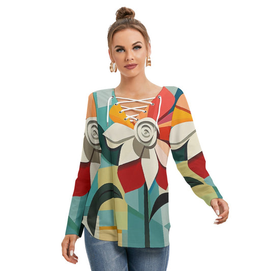 All-Over Print Women's Long Sleeve Neckline Tie Sweatshirt