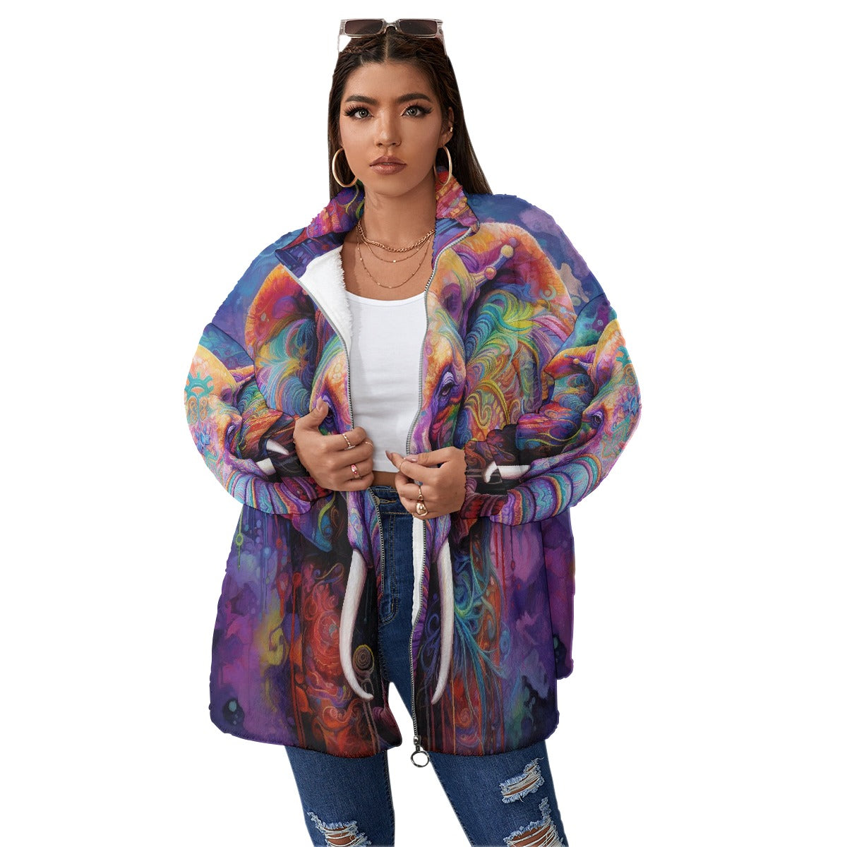 All-Over Print Unisex Borg Fleece Stand-up Collar Coat With Zipper Closure(Plus Size)