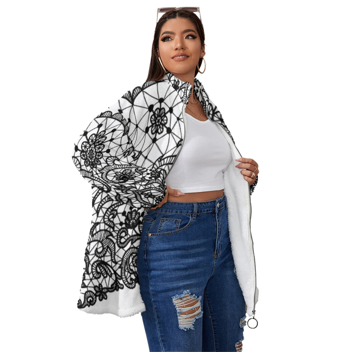 All-Over Print Unisex Borg Fleece Stand-up Collar Coat With Zipper Closure(Plus Size)