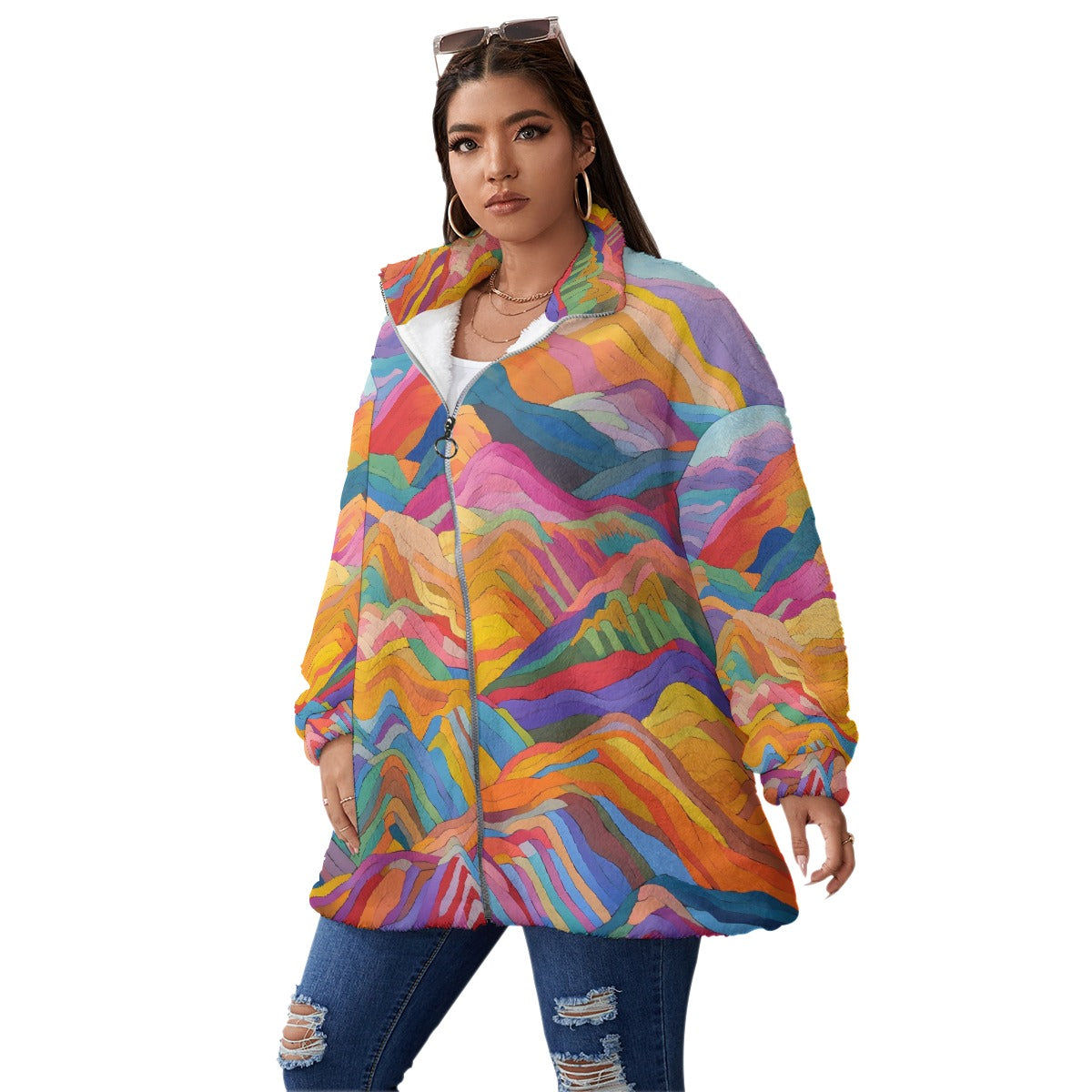 All-Over Print Unisex Borg Fleece Stand-up Collar Coat With Zipper Closure(Plus Size)