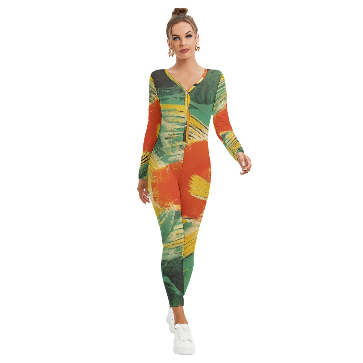 All-Over Print Women's Plunging Neck Jumpsuit