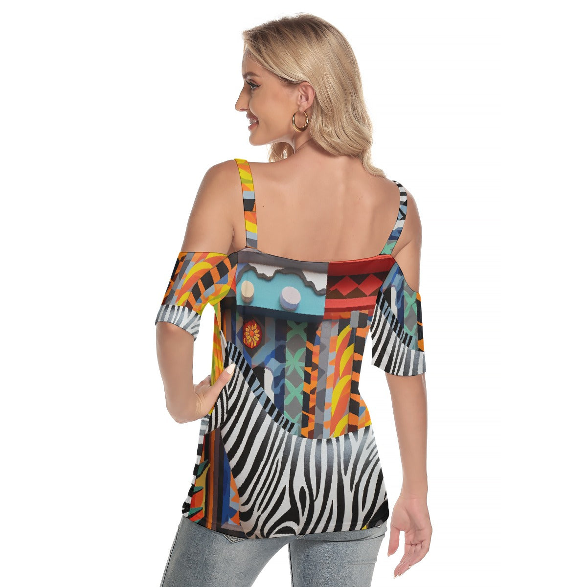 All-Over Print Women's Cold Shoulder T-shirt With Criss Cross Strips