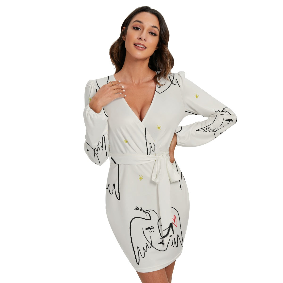 All-Over Print Women's Long Sleeve Dress With Waist Belt