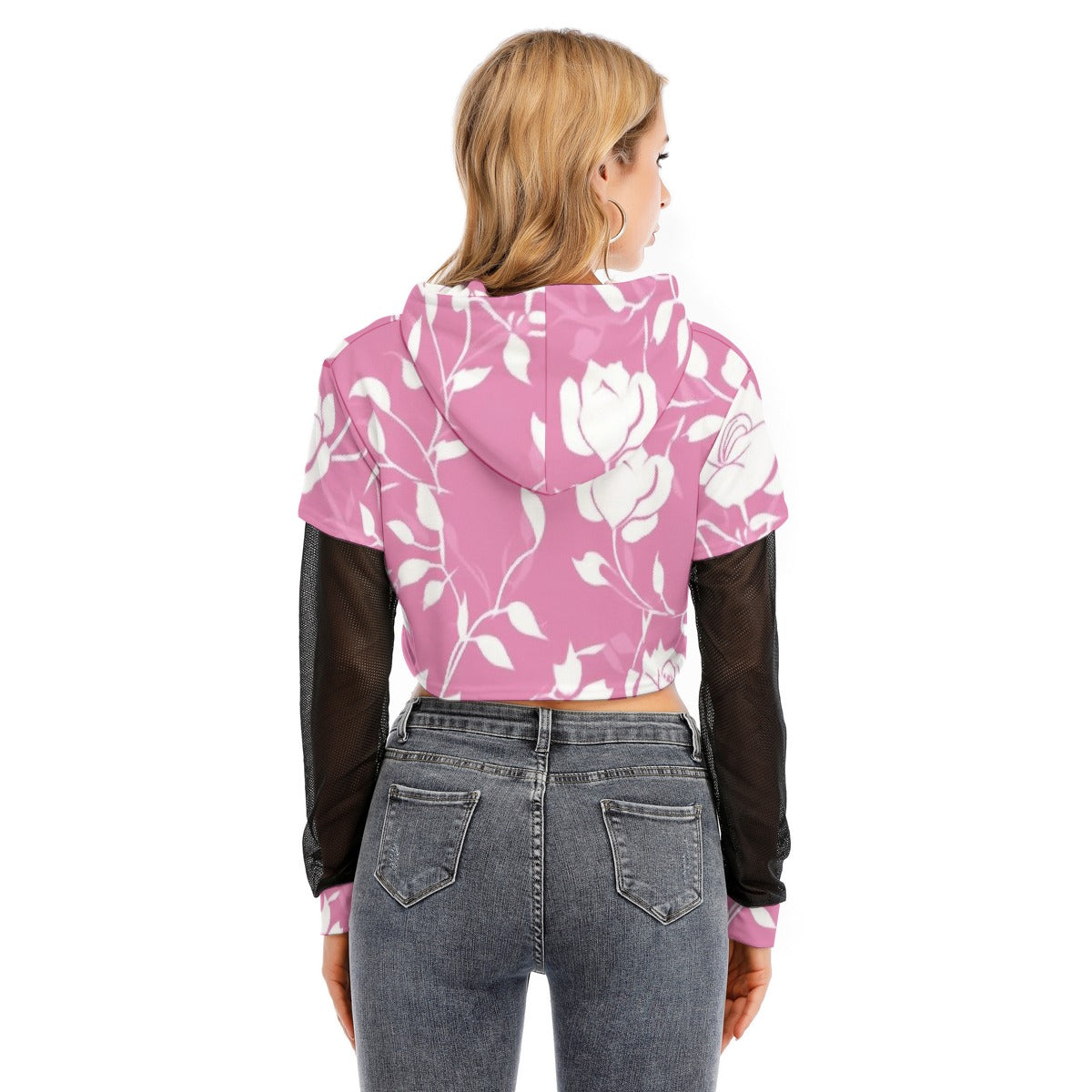 All-Over Print Women's Fake Two-piece Mesh Sleeve Cropped Hoodie