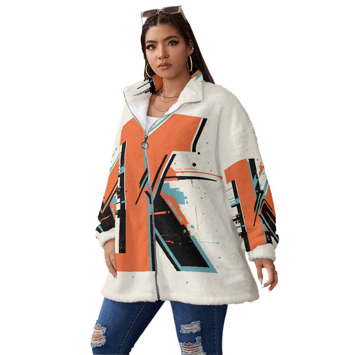 All-Over Print Unisex Borg Fleece Stand-up Collar Coat With Zipper Closure(Plus Size)