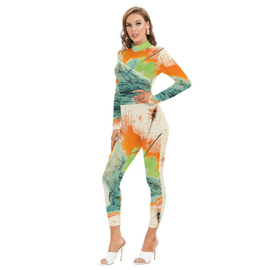 All-Over Print Women's Long-sleeved High-neck Jumpsuit With Zipper