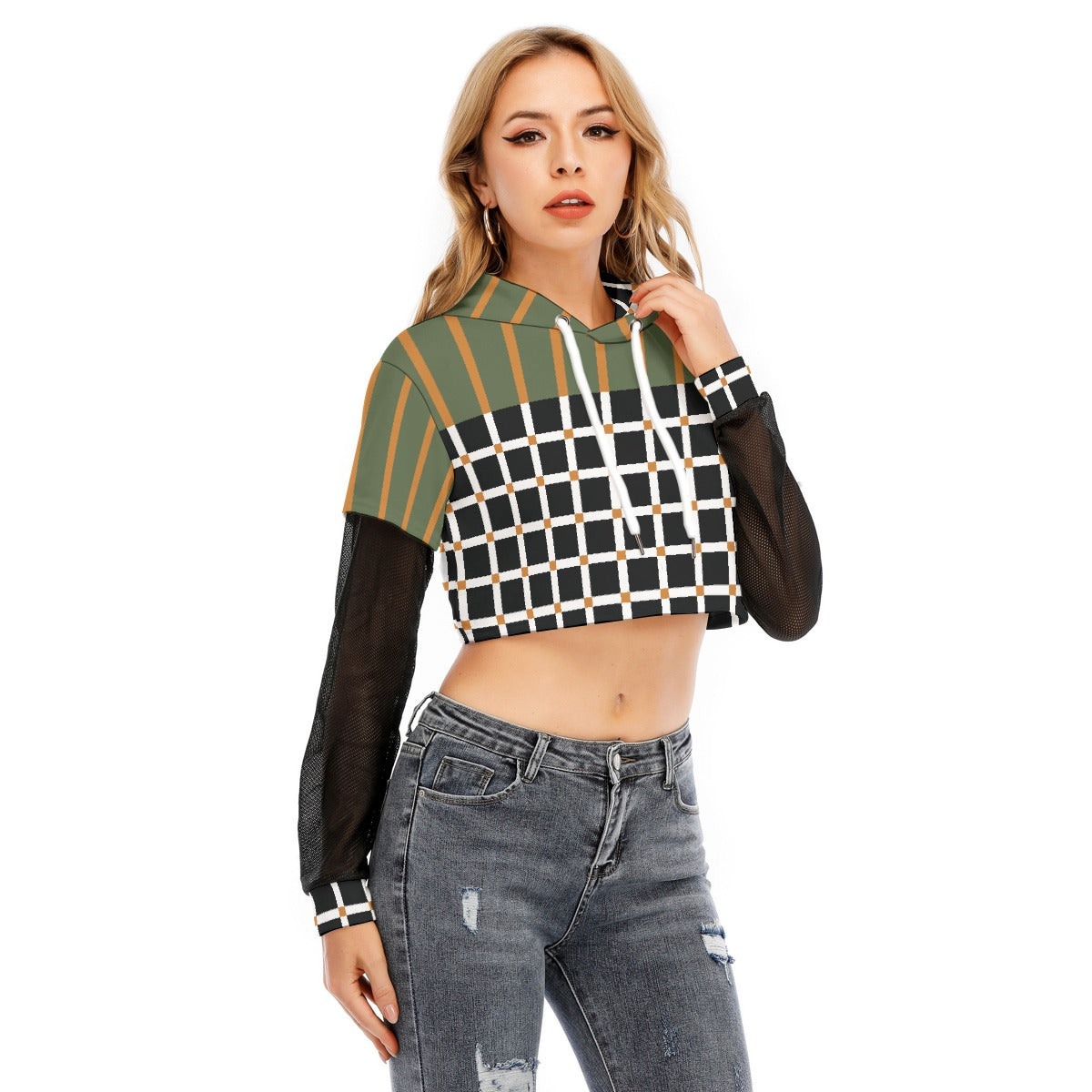 All-Over Print Women's Fake Two-piece Mesh Sleeve Cropped Hoodie