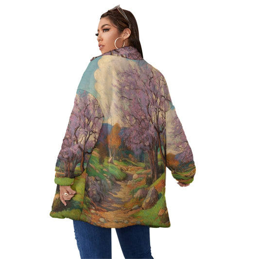 All-Over Print Unisex Borg Fleece Stand-up Collar Coat With Zipper Closure(Plus Size)