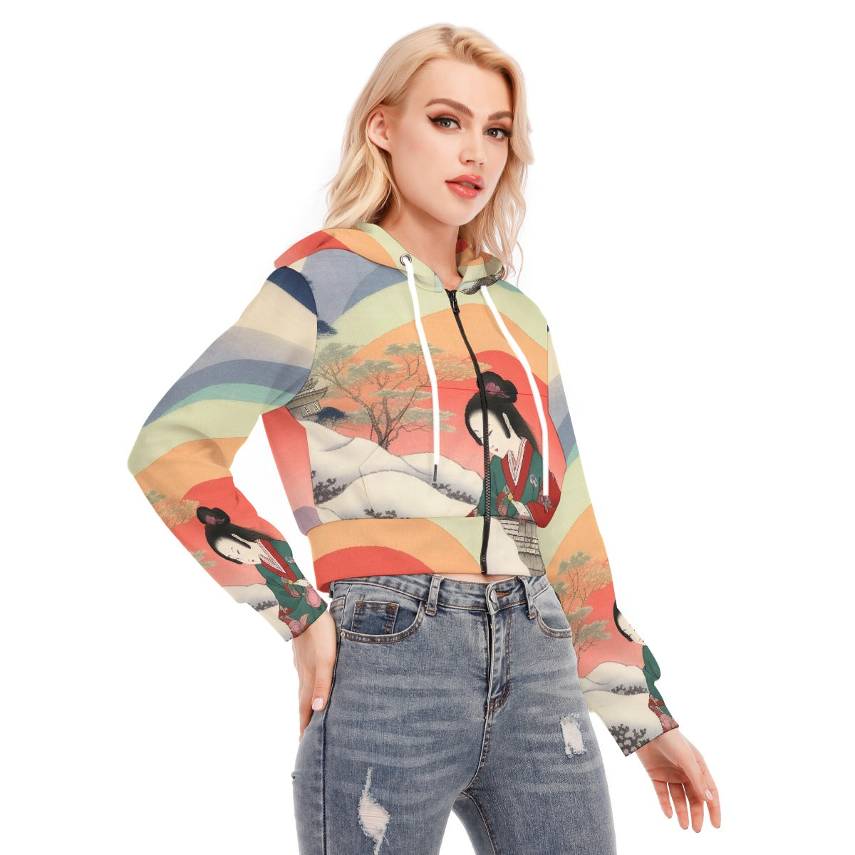 All-Over Print Women's Crop Top Hoodie With Zipper Closure