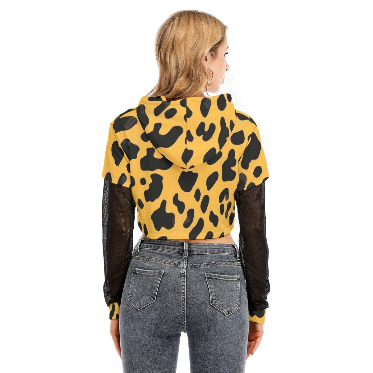 All-Over Print Women's Fake Two-piece Mesh Sleeve Cropped Hoodie