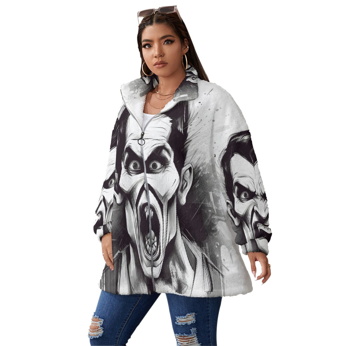 All-Over Print Unisex Borg Fleece Stand-up Collar Coat With Zipper Closure(Plus Size)