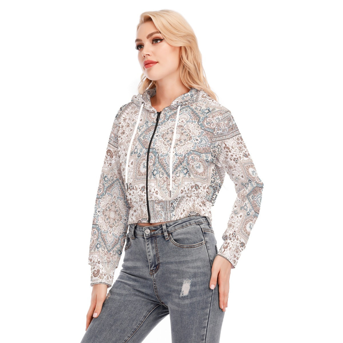 All-Over Print Women's Crop Top Hoodie With Zipper Closure