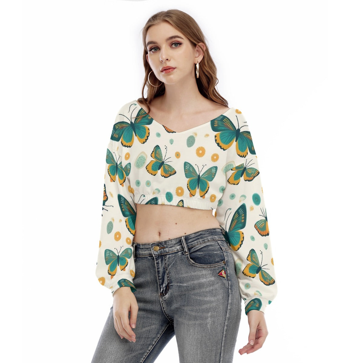 All-Over Print Women's V-neck Long Sleeve Cropped Sweatshirt