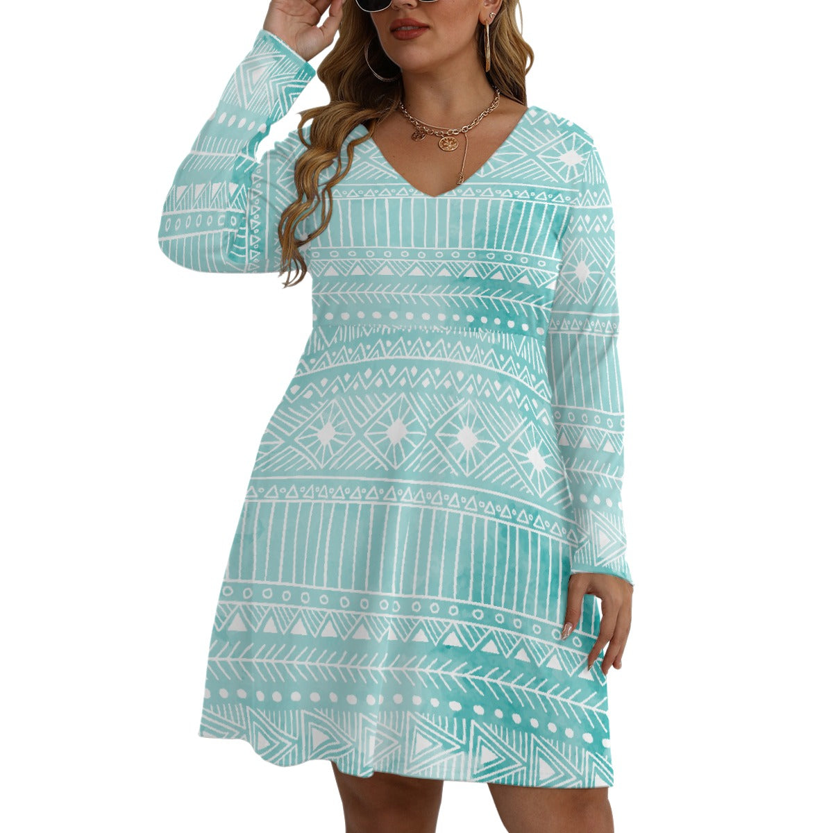 All-Over Print Women's V-neck Long Sleeve Dress(Plus Size)