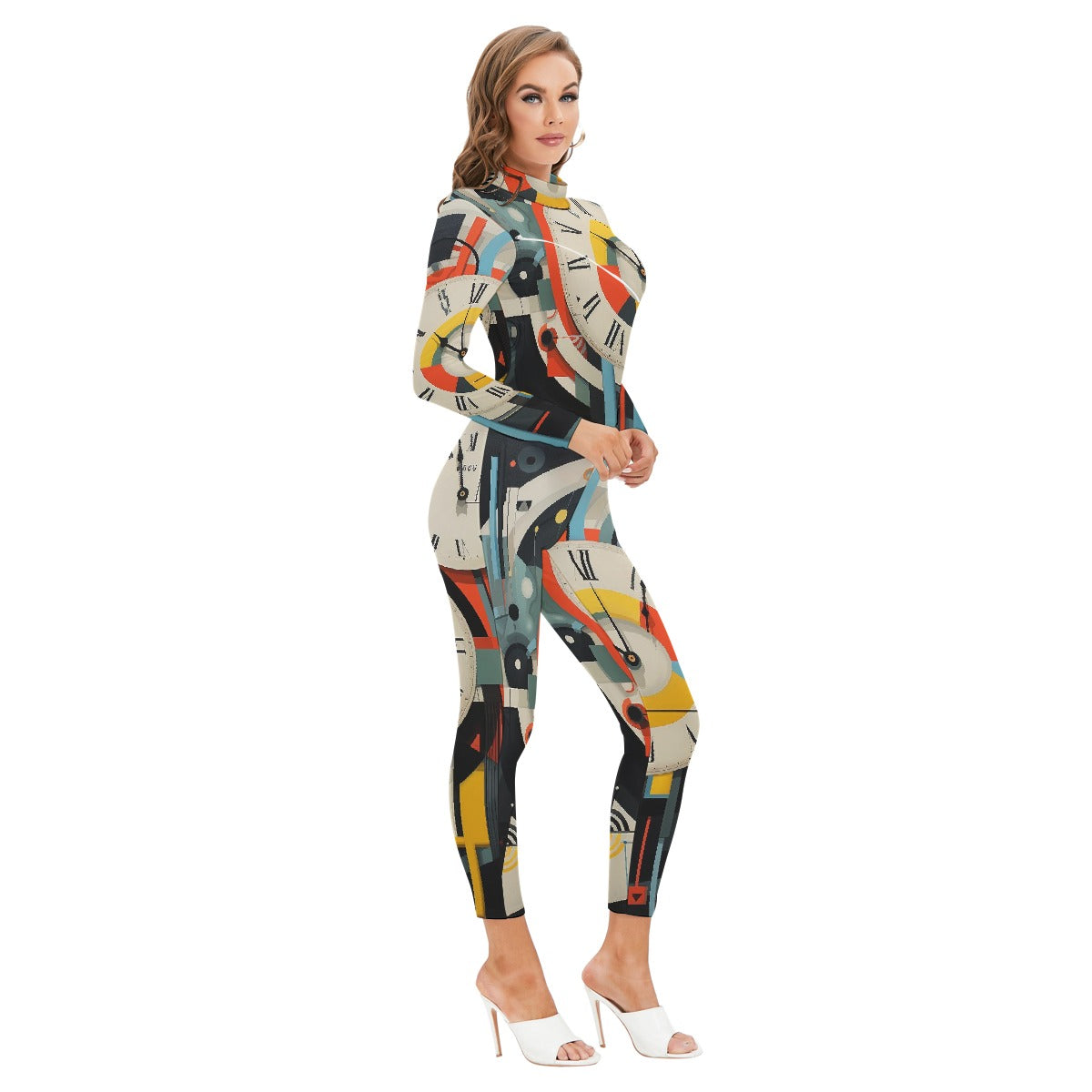 All-Over Print Women's Long-sleeved High-neck Jumpsuit With Zipper