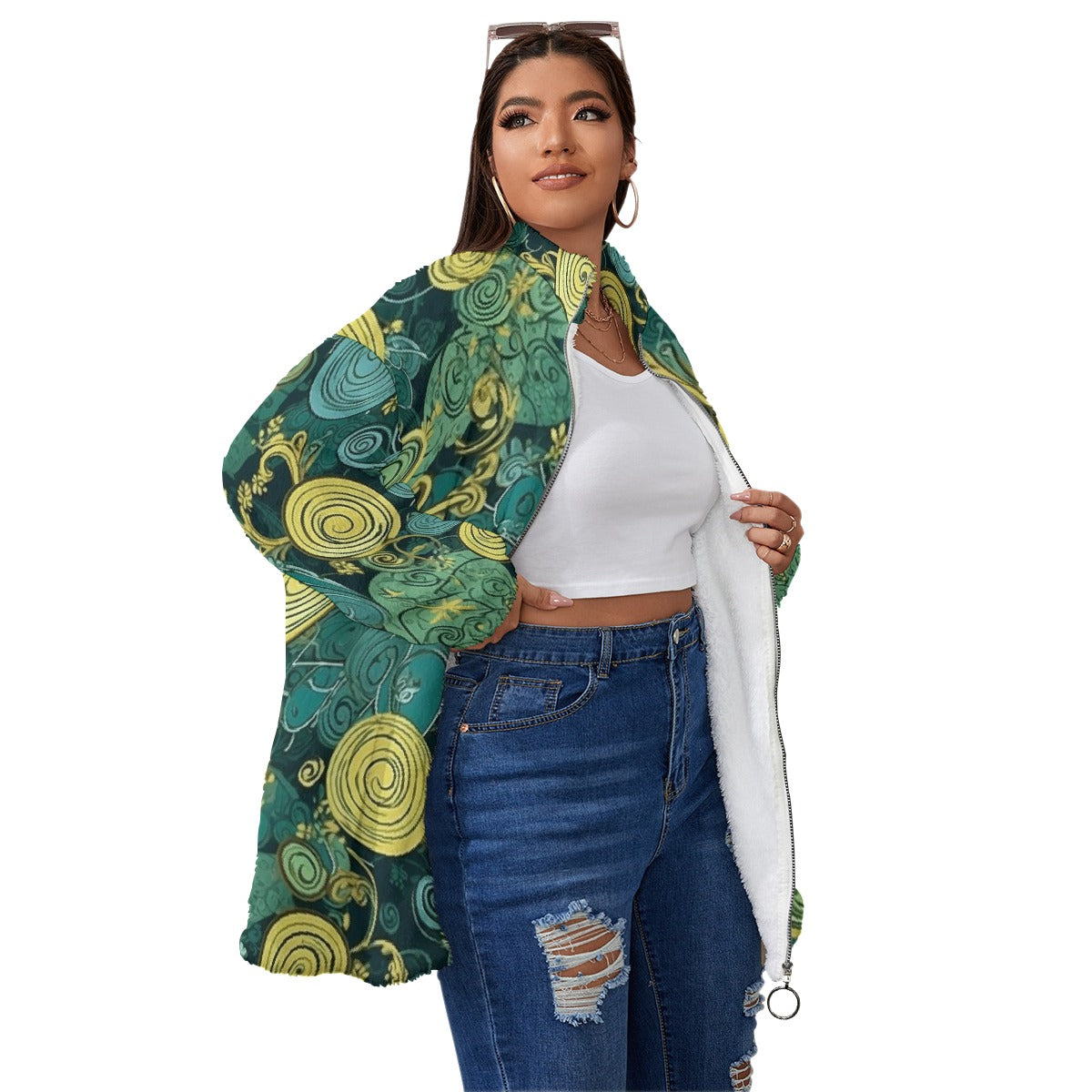 All-Over Print Unisex Borg Fleece Stand-up Collar Coat With Zipper Closure(Plus Size)