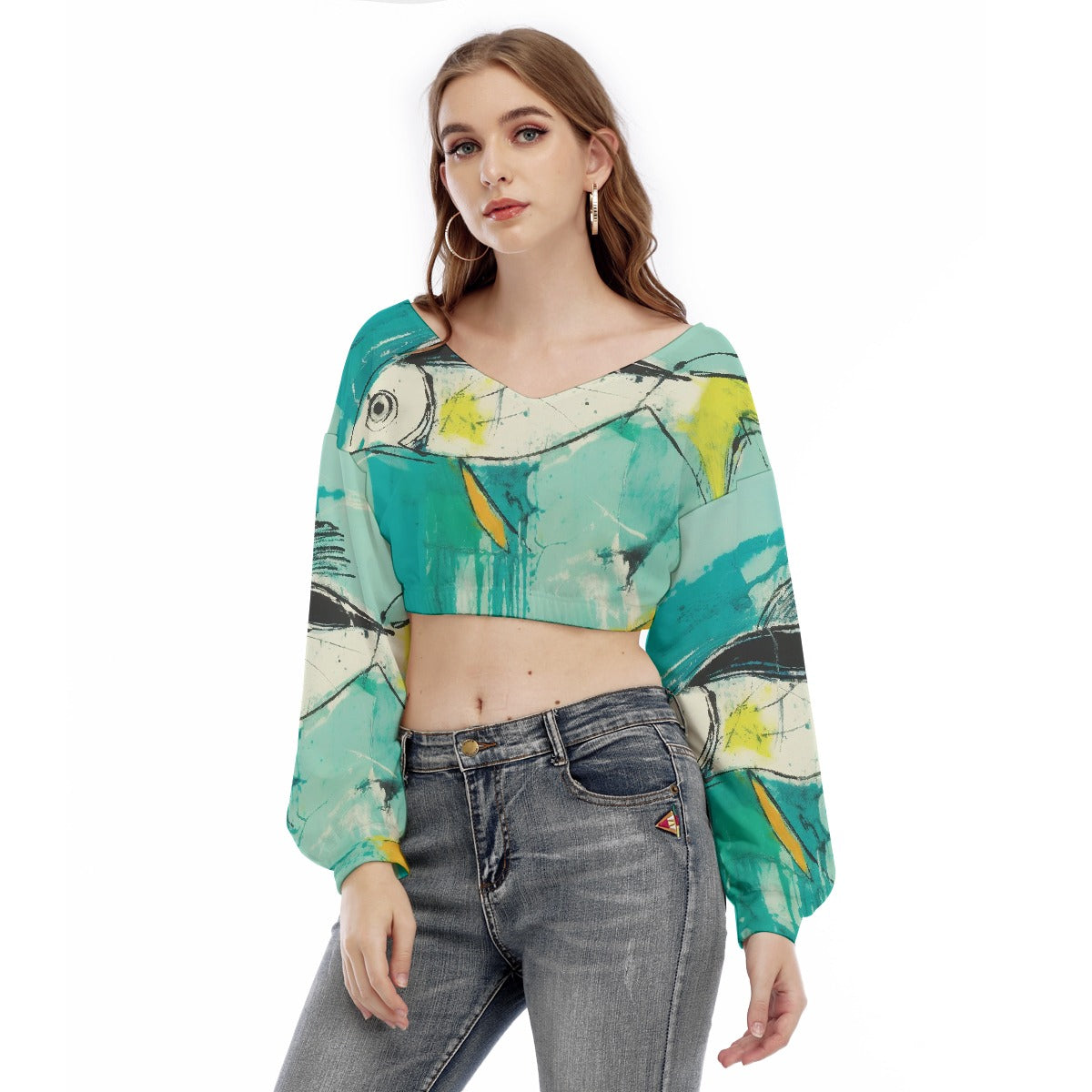 All-Over Print Women's V-neck Long Sleeve Cropped Sweatshirt