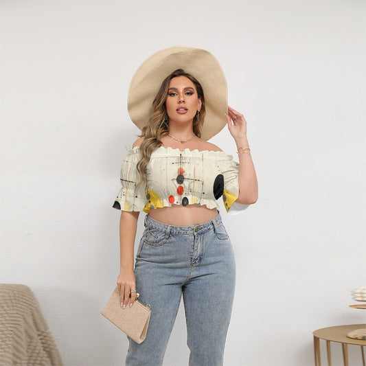 All-Over Print Women's Off-shoulder Cropped Top With Short Puff Sleeve