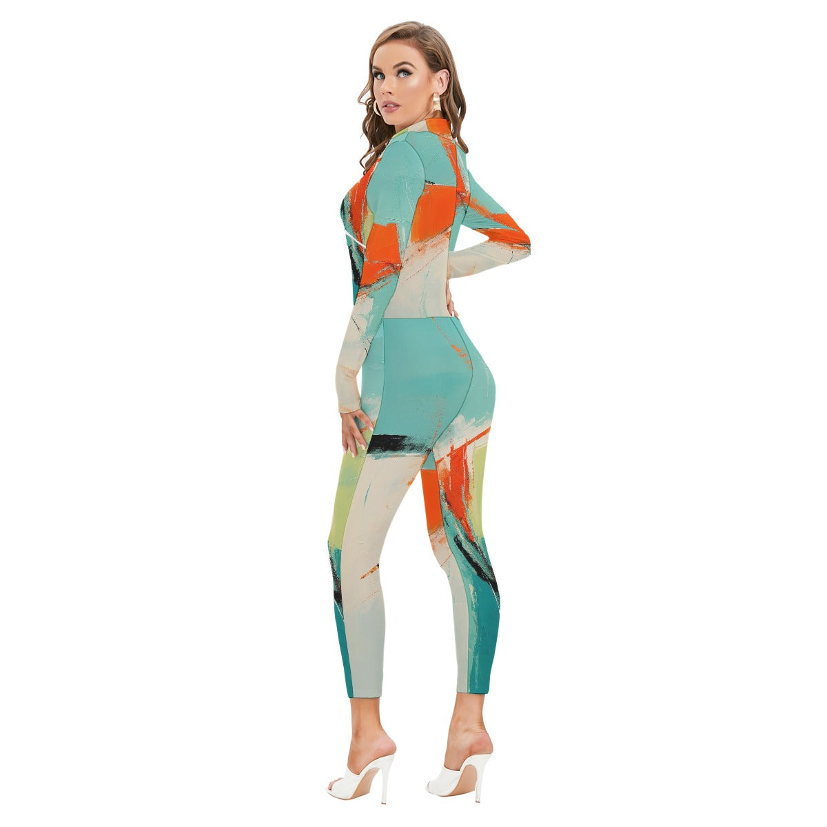 All-Over Print Women's Long-sleeved High-neck Jumpsuit With Zipper