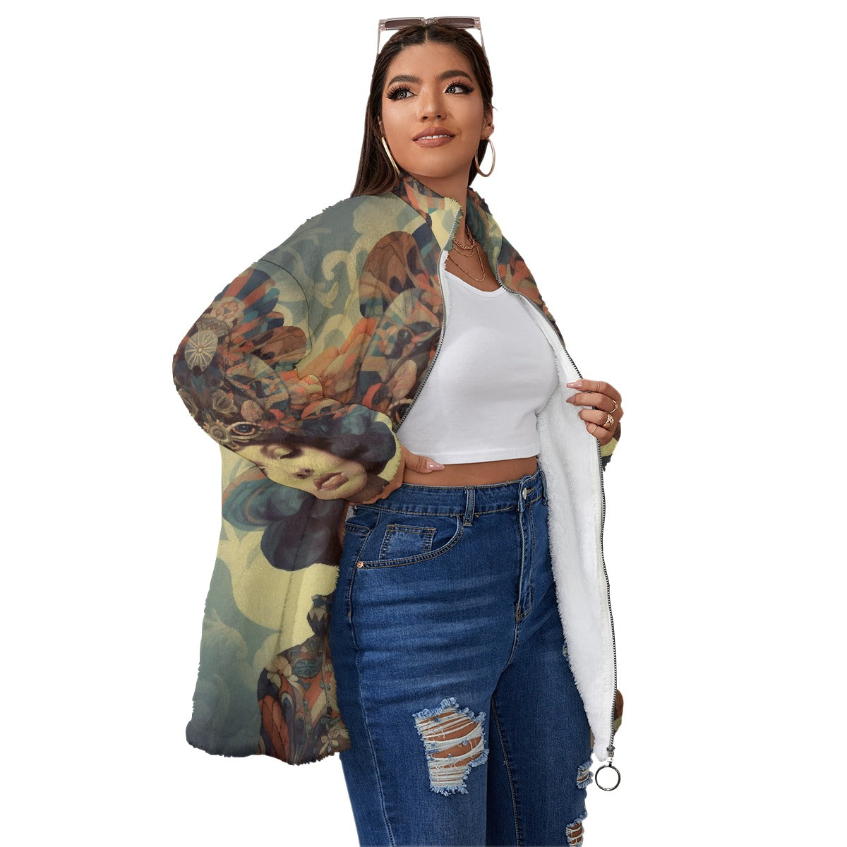 All-Over Print Unisex Borg Fleece Stand-up Collar Coat With Zipper Closure(Plus Size)