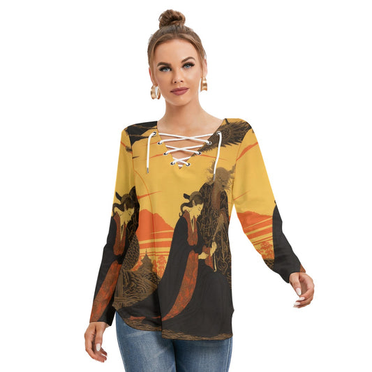 All-Over Print Women's Long Sleeve Neckline Tie Sweatshirt