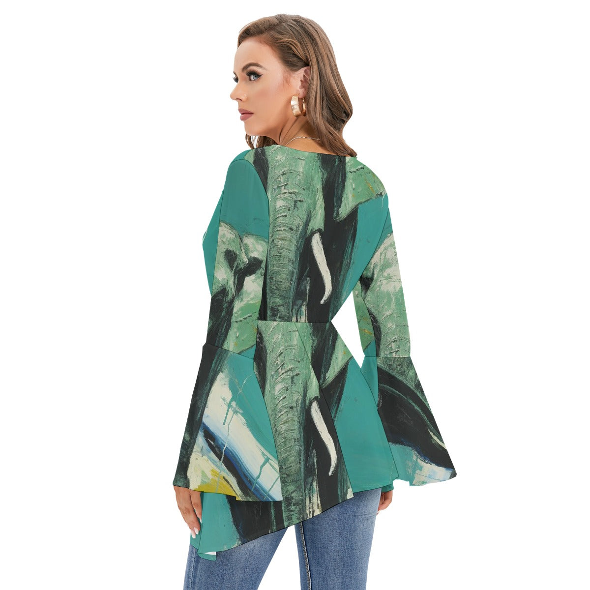 All-Over Print Women's V-neck Blouse With Flared Sleeves
