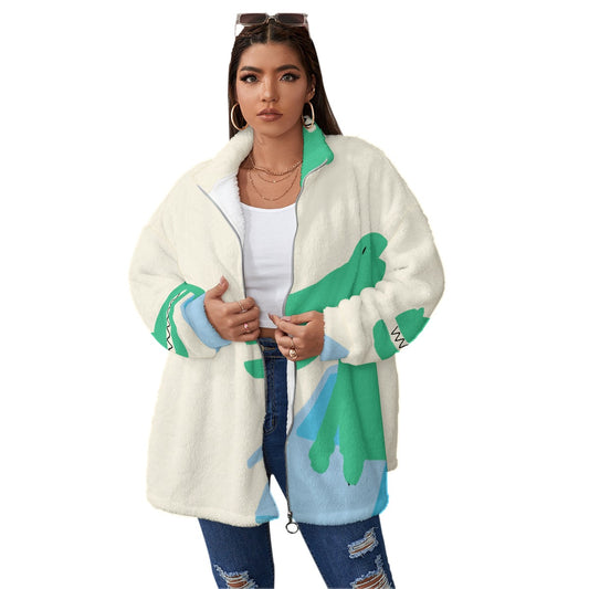 All-Over Print Unisex Borg Fleece Stand-up Collar Coat With Zipper Closure(Plus Size)