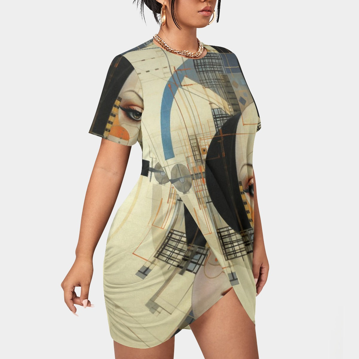 All-Over Print Women’s Stacked Hem Dress With Short Sleeve（Plus Size）