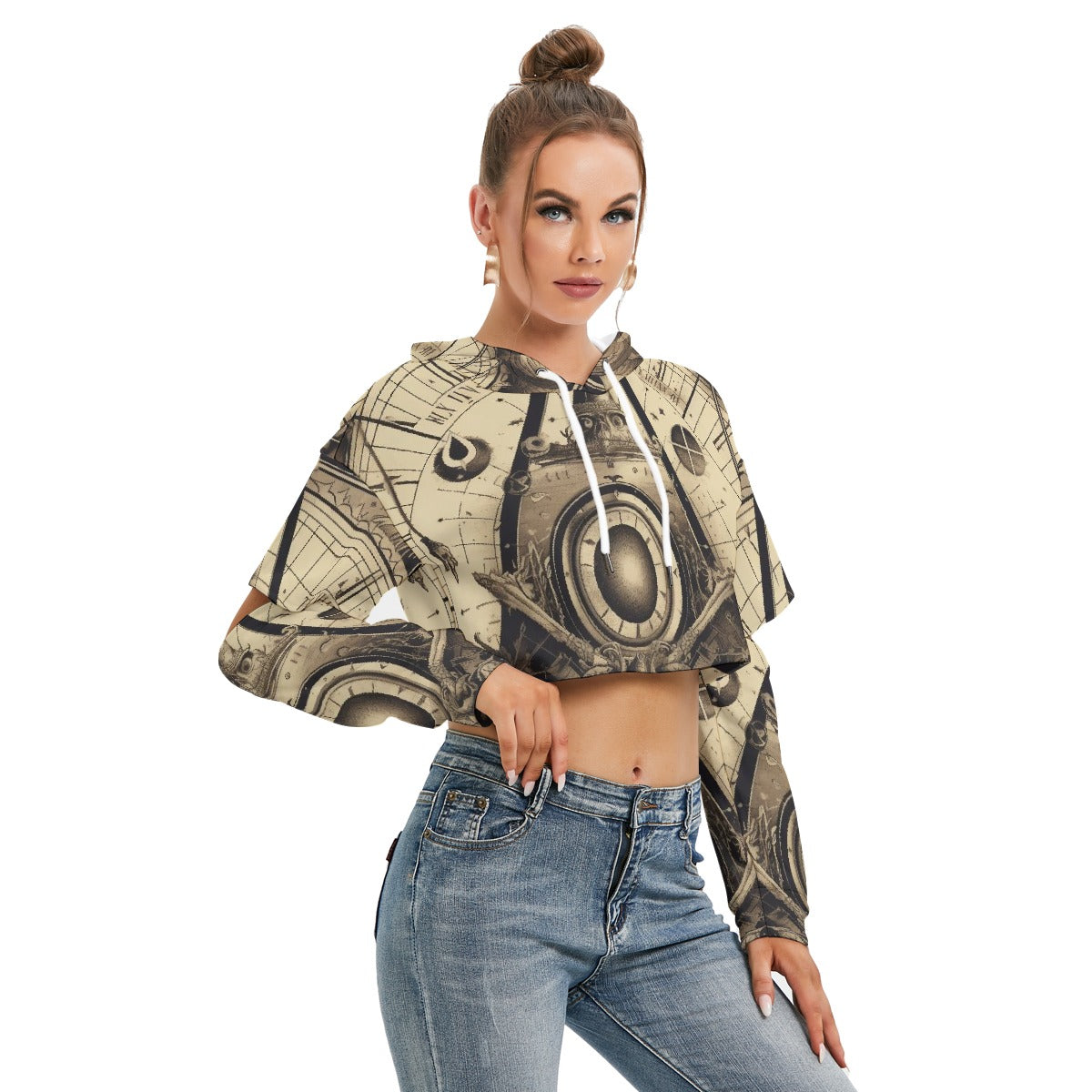 All-Over Print Women's Heavy Fleece Hoodie With Hollow Out Sleeve