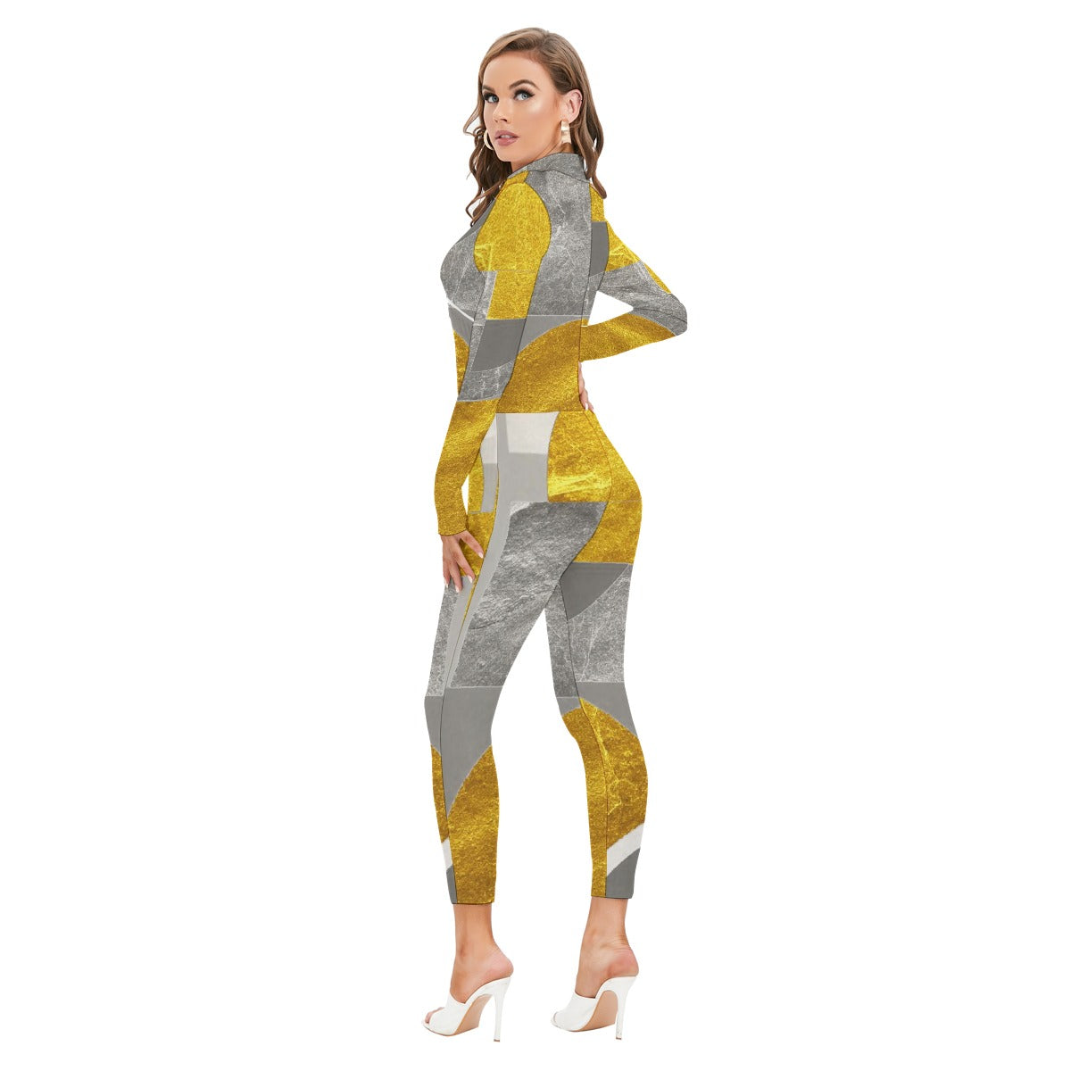 All-Over Print Women's Long-sleeved High-neck Jumpsuit With Zipper