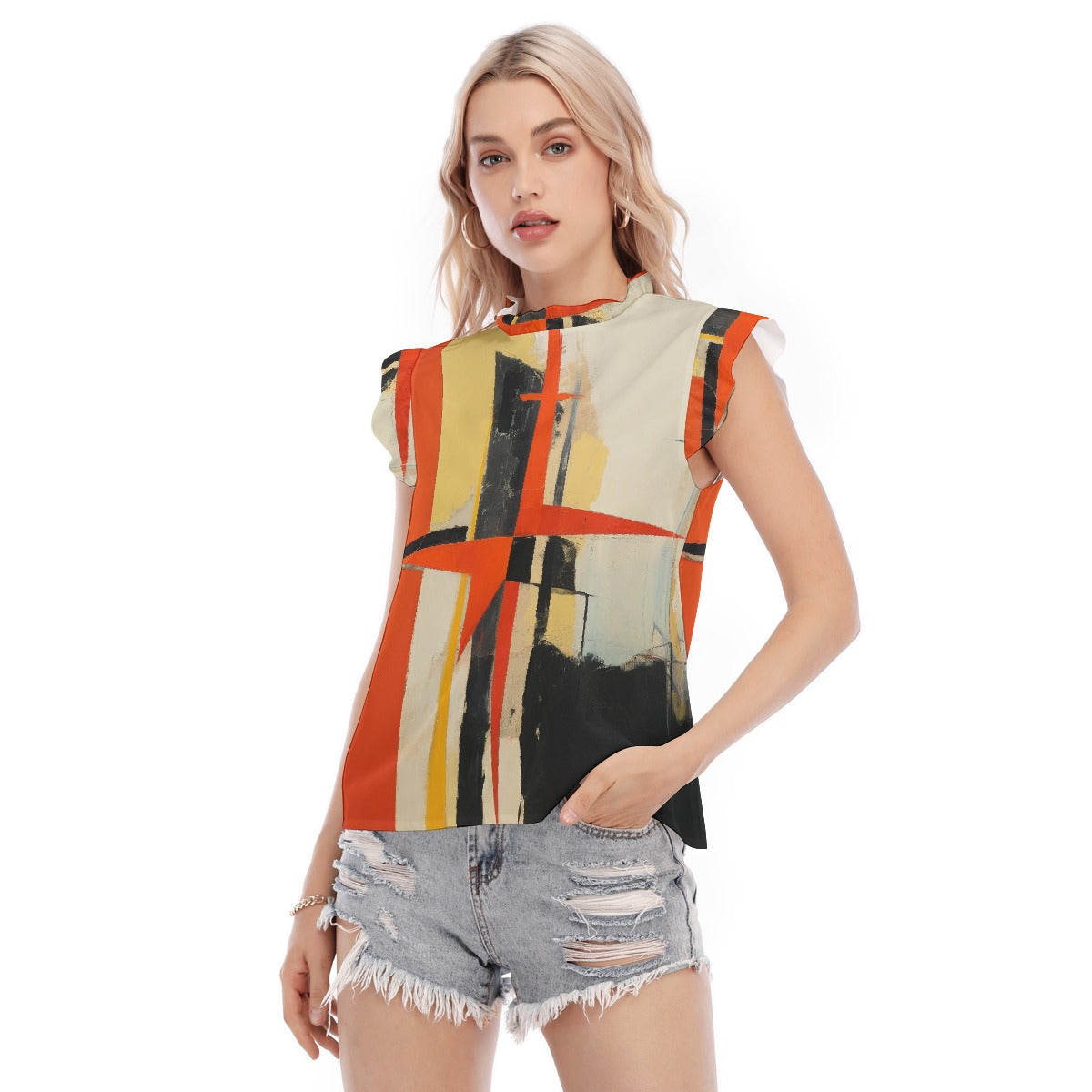 All-Over Print Women's Blouse With Ruffle Collar And Sleeve