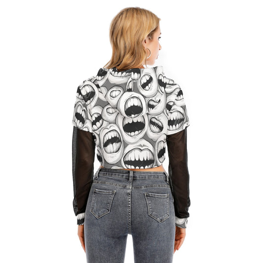 All-Over Print Women's Fake Two-piece Mesh Sleeve Cropped Hoodie