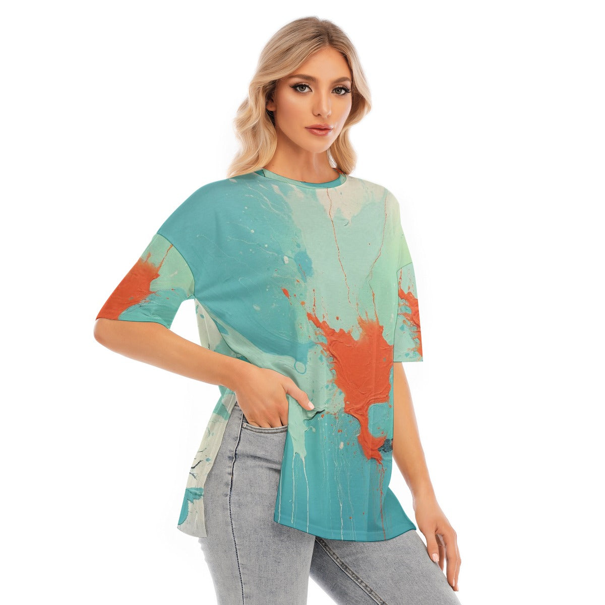 All-Over Print Women's Short Sleeves T-shirt With Hem Split