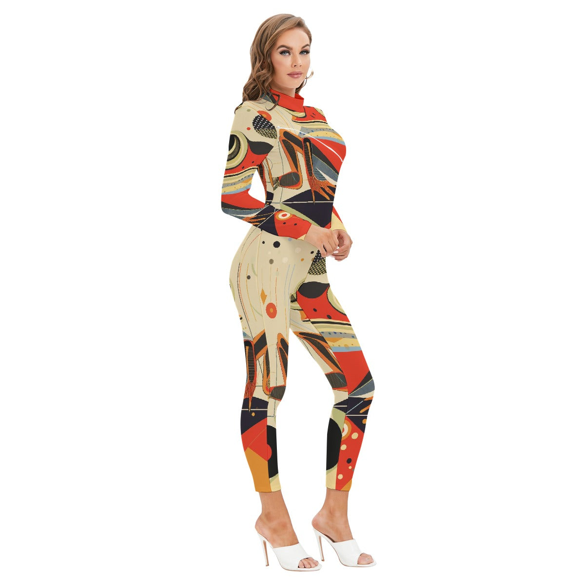 All-Over Print Women's Long-sleeved High-neck Jumpsuit With Zipper