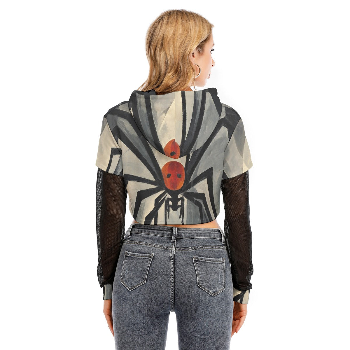 All-Over Print Women's Fake Two-piece Mesh Sleeve Cropped Hoodie