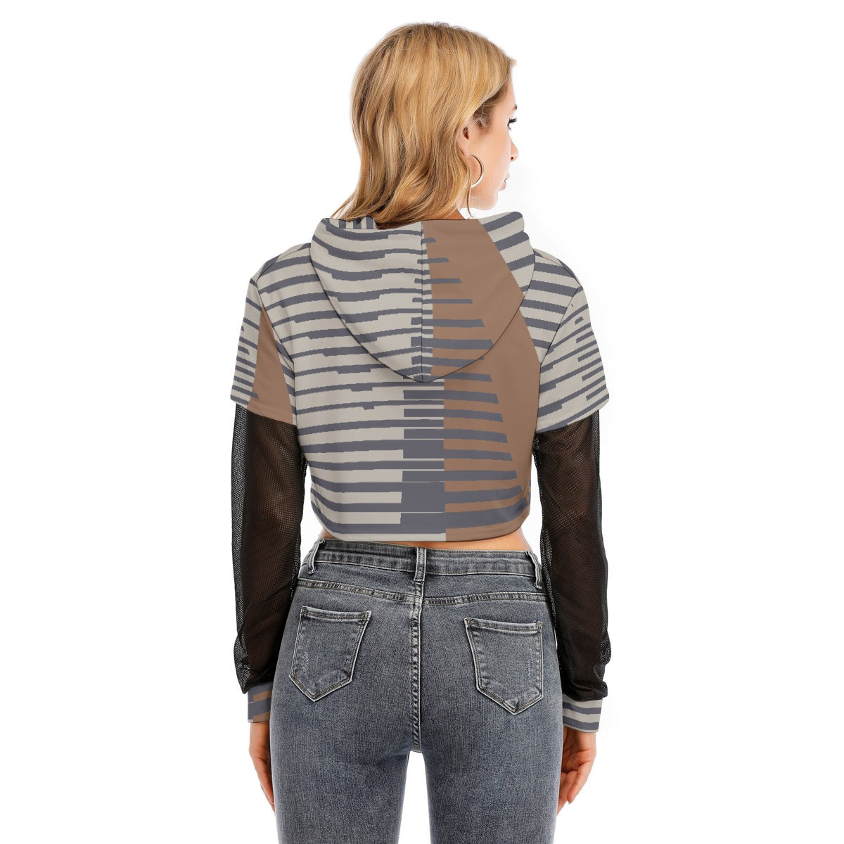 All-Over Print Women's Fake Two-piece Mesh Sleeve Cropped Hoodie