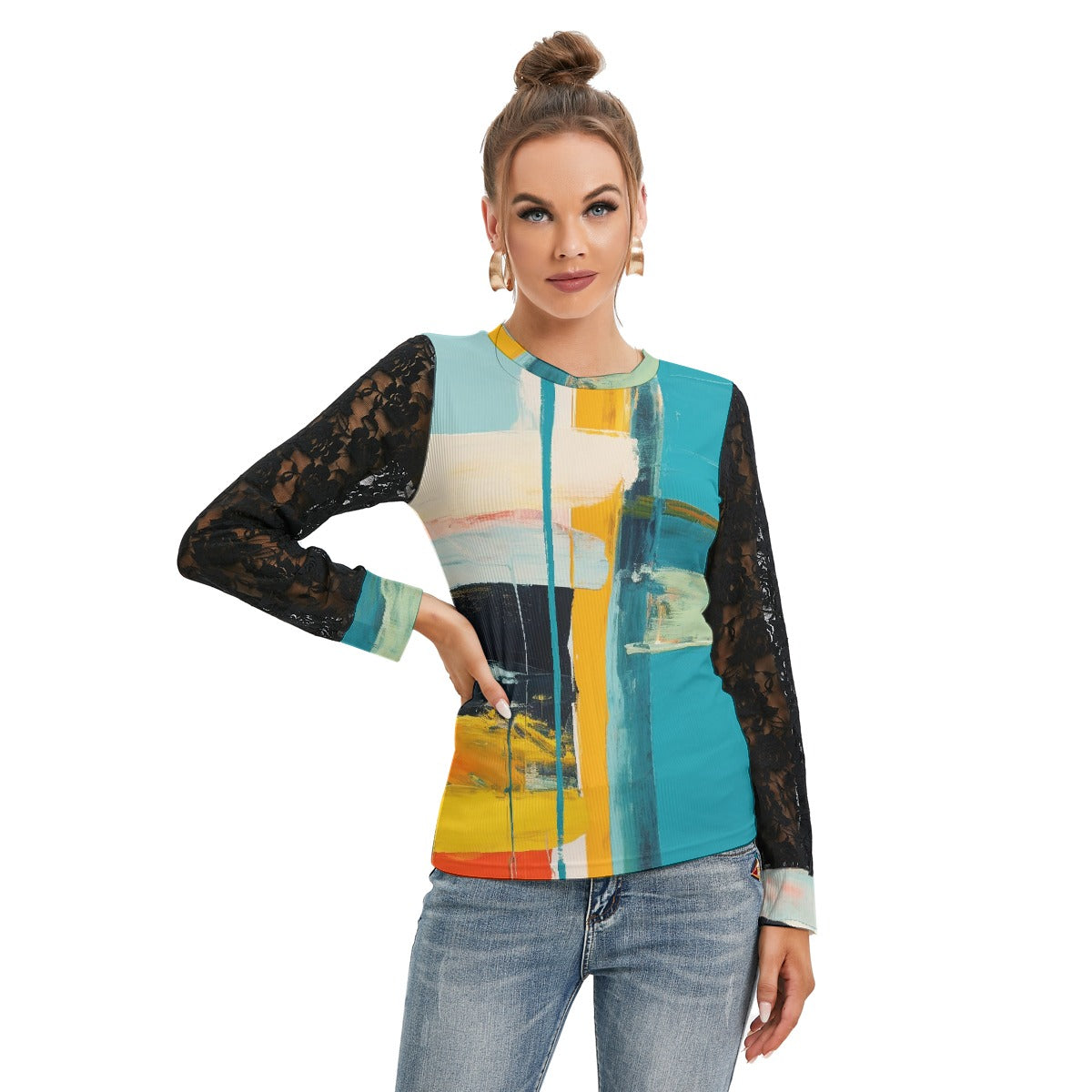 All-Over Print Women's T-shirt And Sleeve With Black Lace