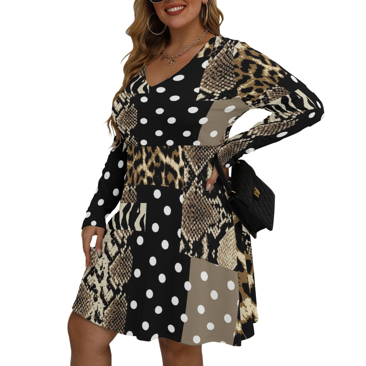 All-Over Print Women's V-neck Long Sleeve Dress(Plus Size)