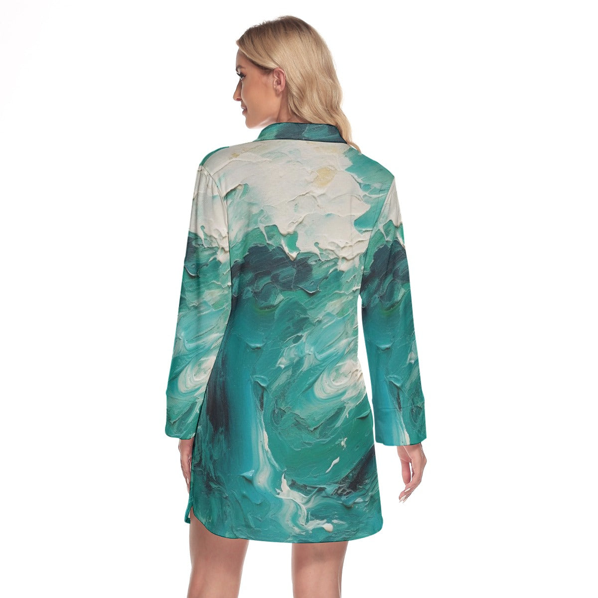 All-Over Print Women's Lapel Shirt Dress With Long Sleeve