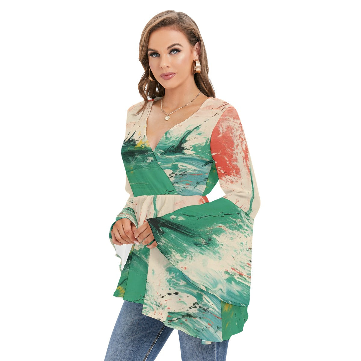 All-Over Print Women's V-neck Blouse With Flared Sleeves